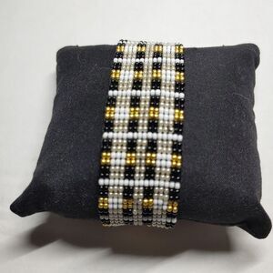 Loomed Beaded Bracelet White, Black, Gold and Pear